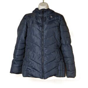U.S. Polo Assn. Puffer Jacket Coat Faux fur lined Navy Blue Hooded Zip up Small